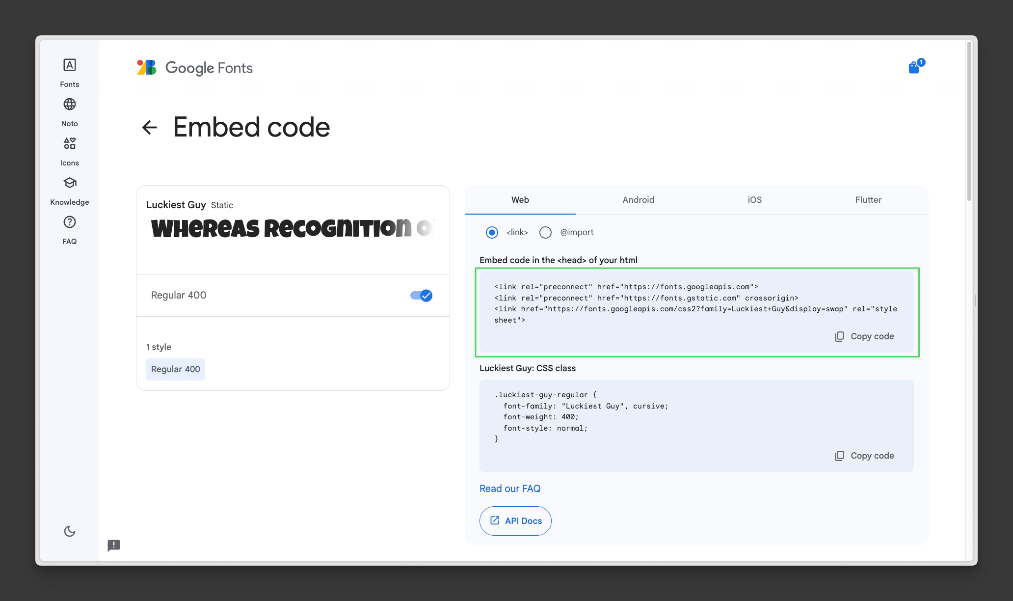 Google Fonts embed code