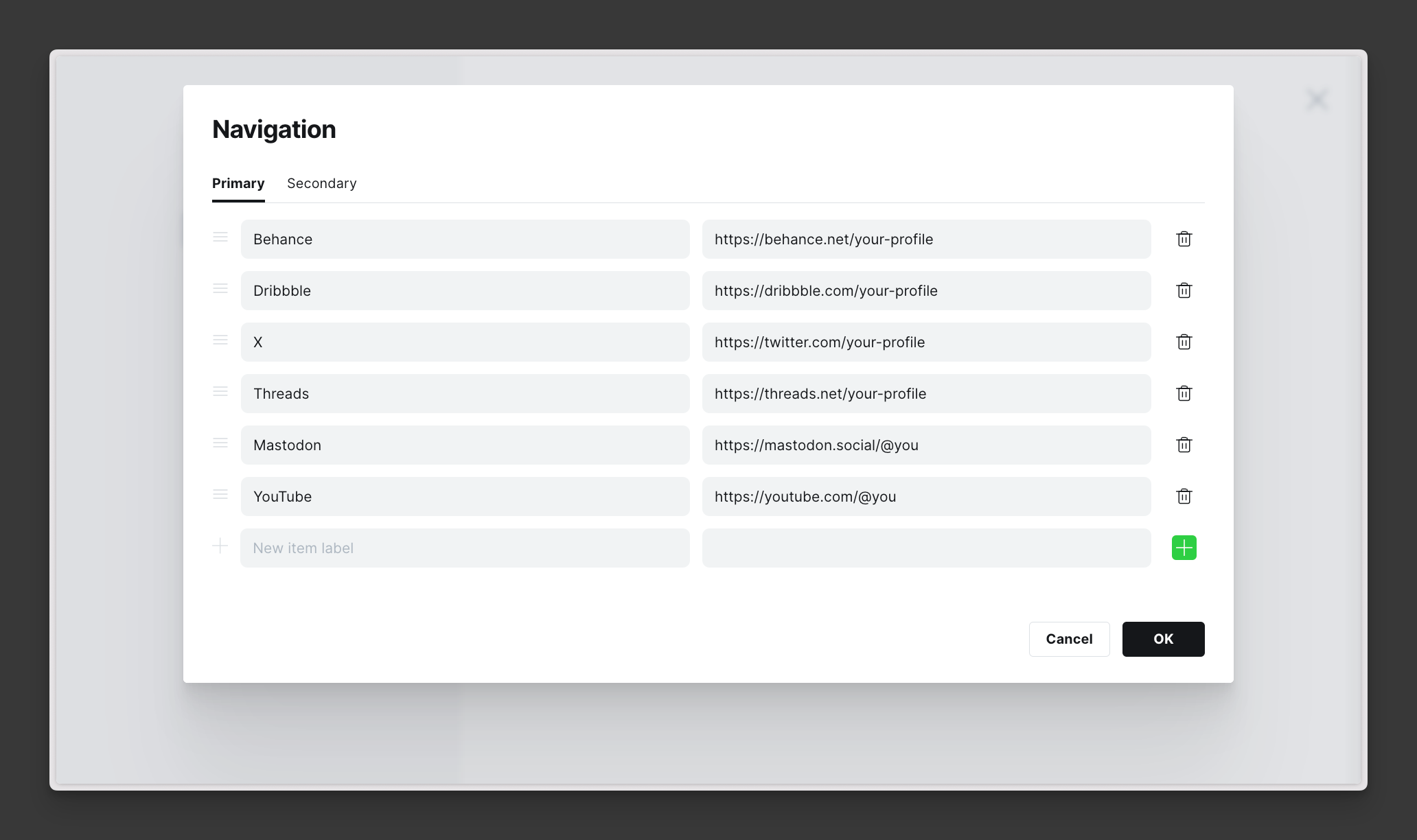 Ghost Admin navigation area