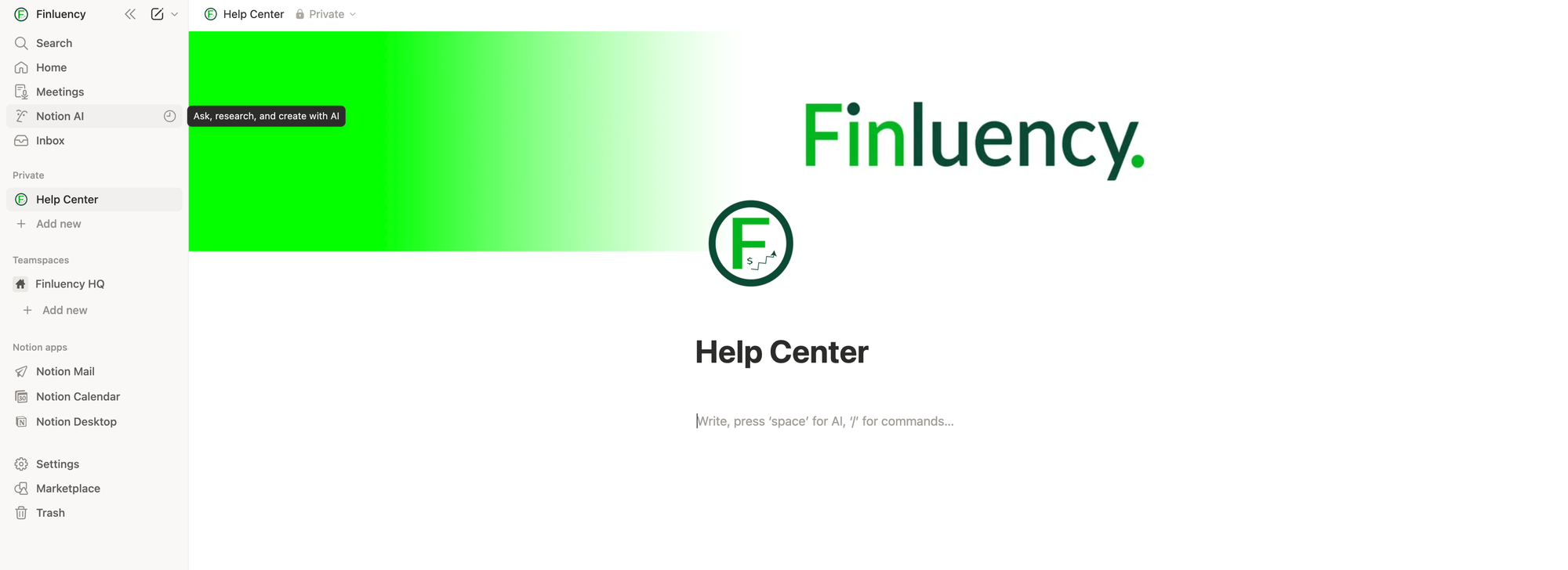 Finluency's Notion interface for a help center