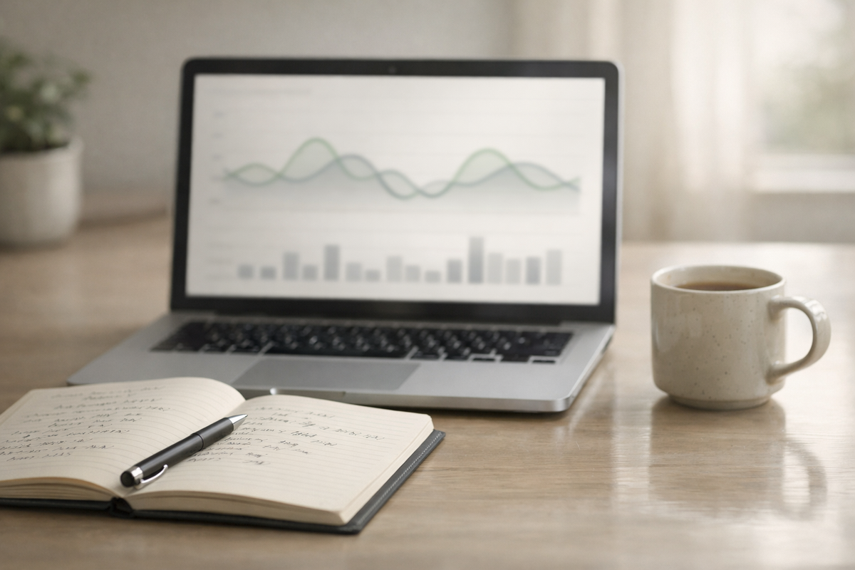 A workspace with a laptop showing a cash flow dashboard and handwritten budgeting notes, representing financial decision-making and evaluating marketing tool costs.
