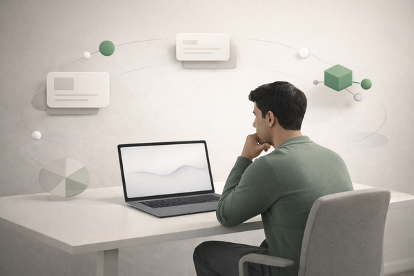 Minimal fintech illustration of a founder reviewing aggregated financial data on a laptop, symbolizing open banking, CFPB Rule 1033, and the real cost of consumer financial data access.