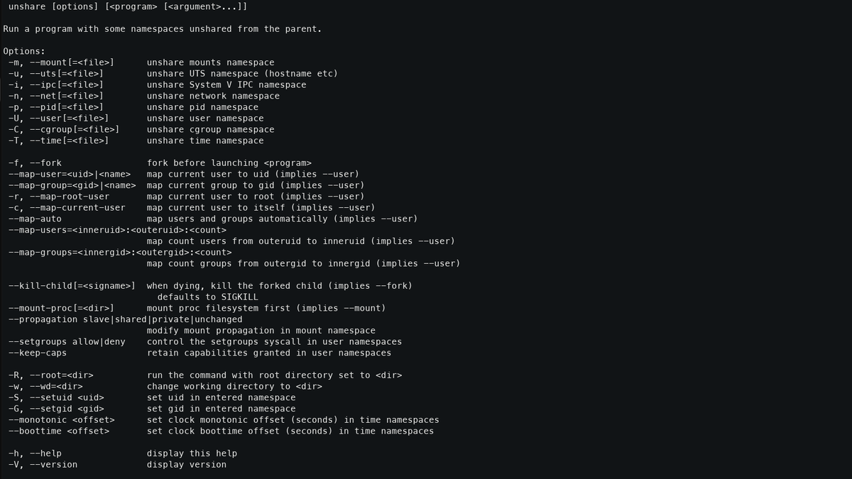 Screenshot of unshare help output