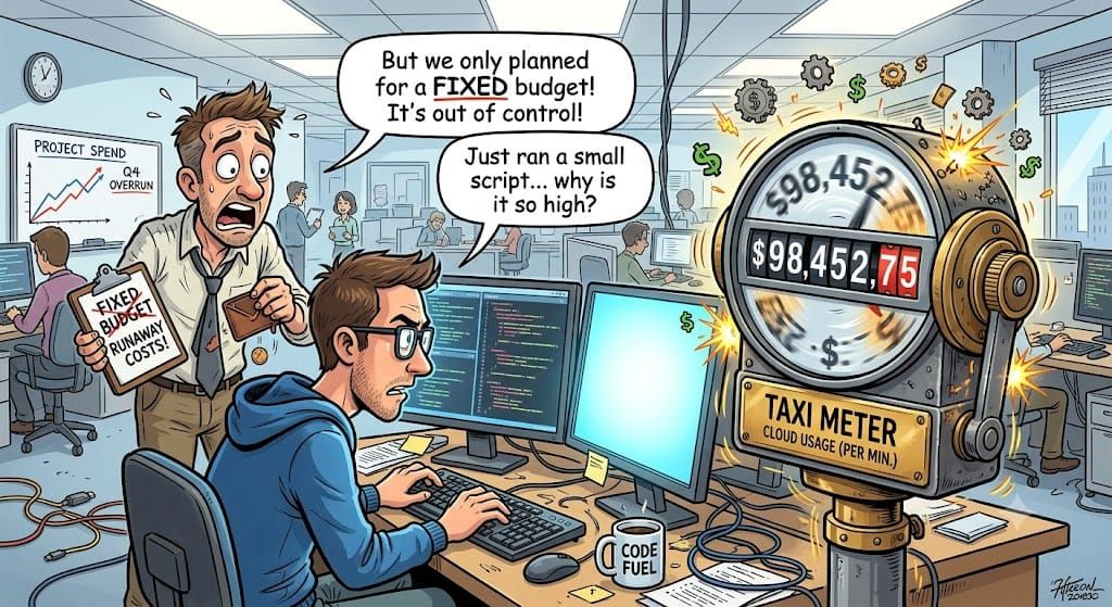Cartoon of a panicked manager and a developer beside a giant taxi meter reading $98,452.75 for cloud usage per minute