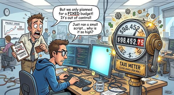 Cartoon of a panicked manager and a developer beside a giant taxi meter reading $98,452.75 for cloud usage per minute