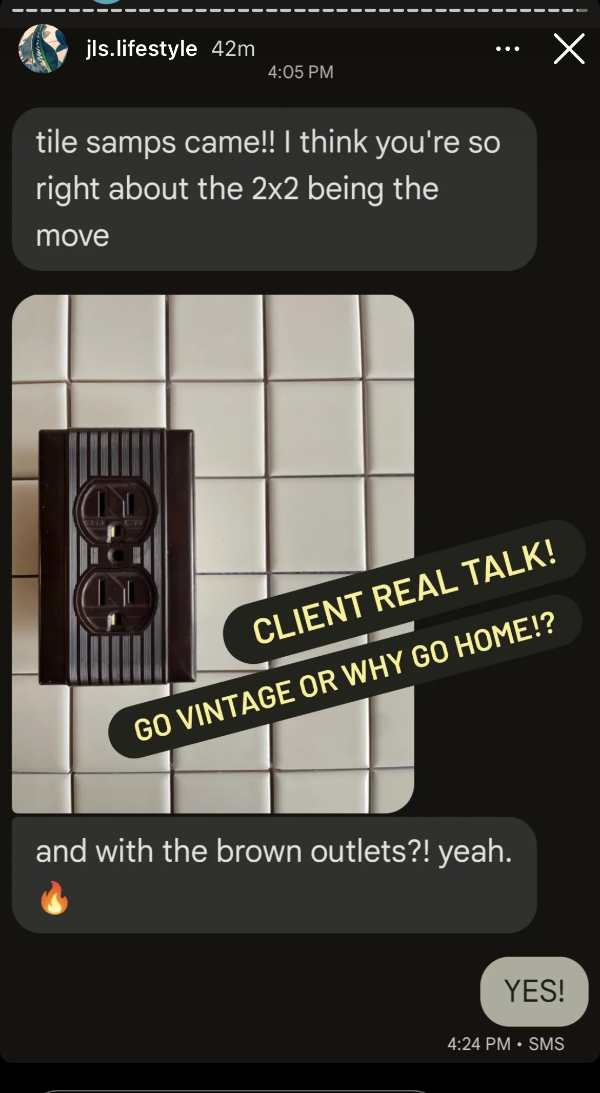 A screenshot of a text message posted to instagram stories sharing images of tiles back and forth.