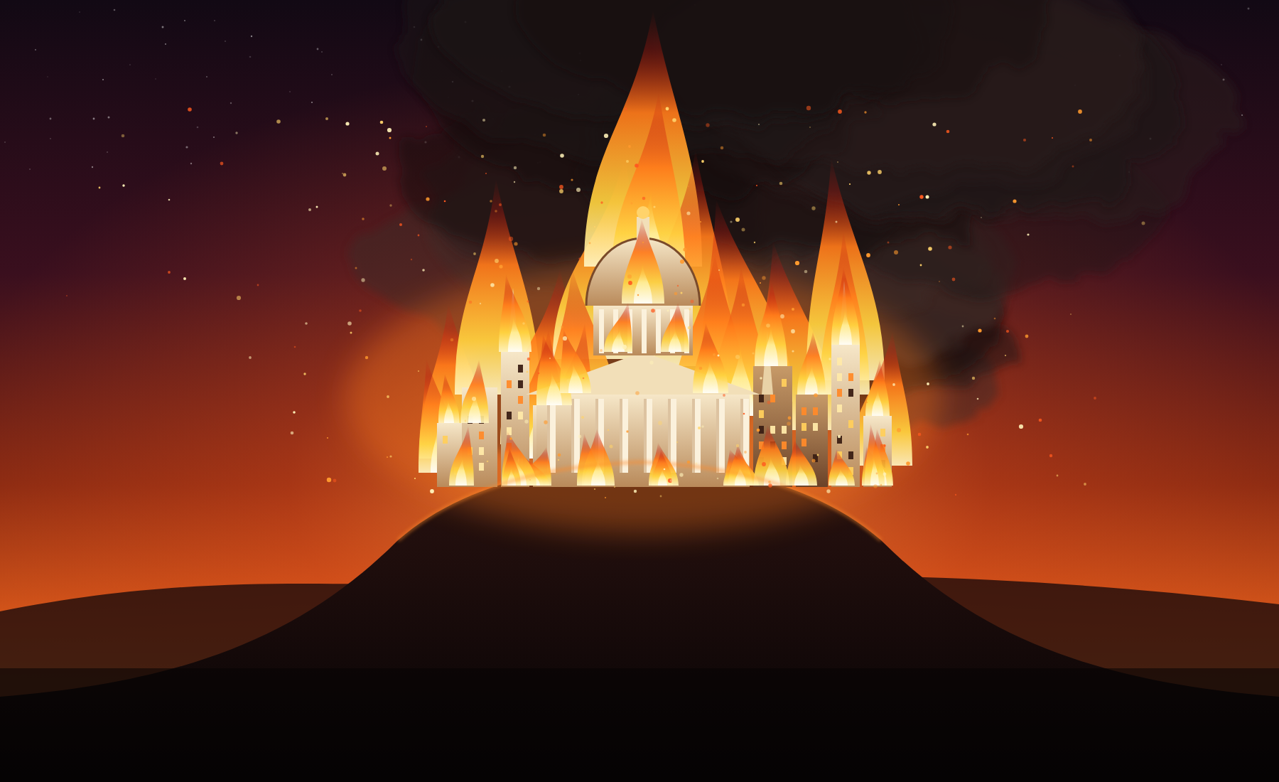 Image of a city on a hill on fire.