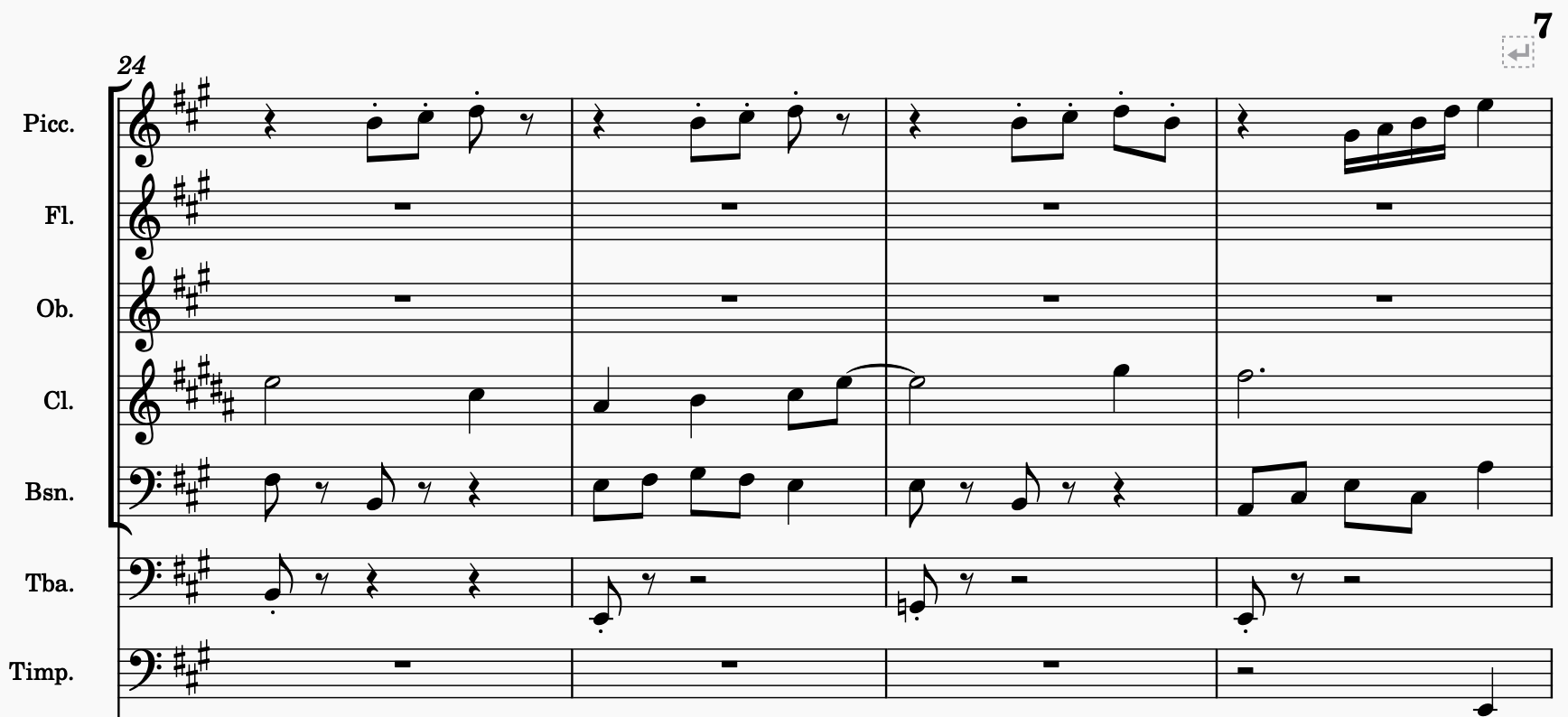 Four measures of sheet music showing woodwinds