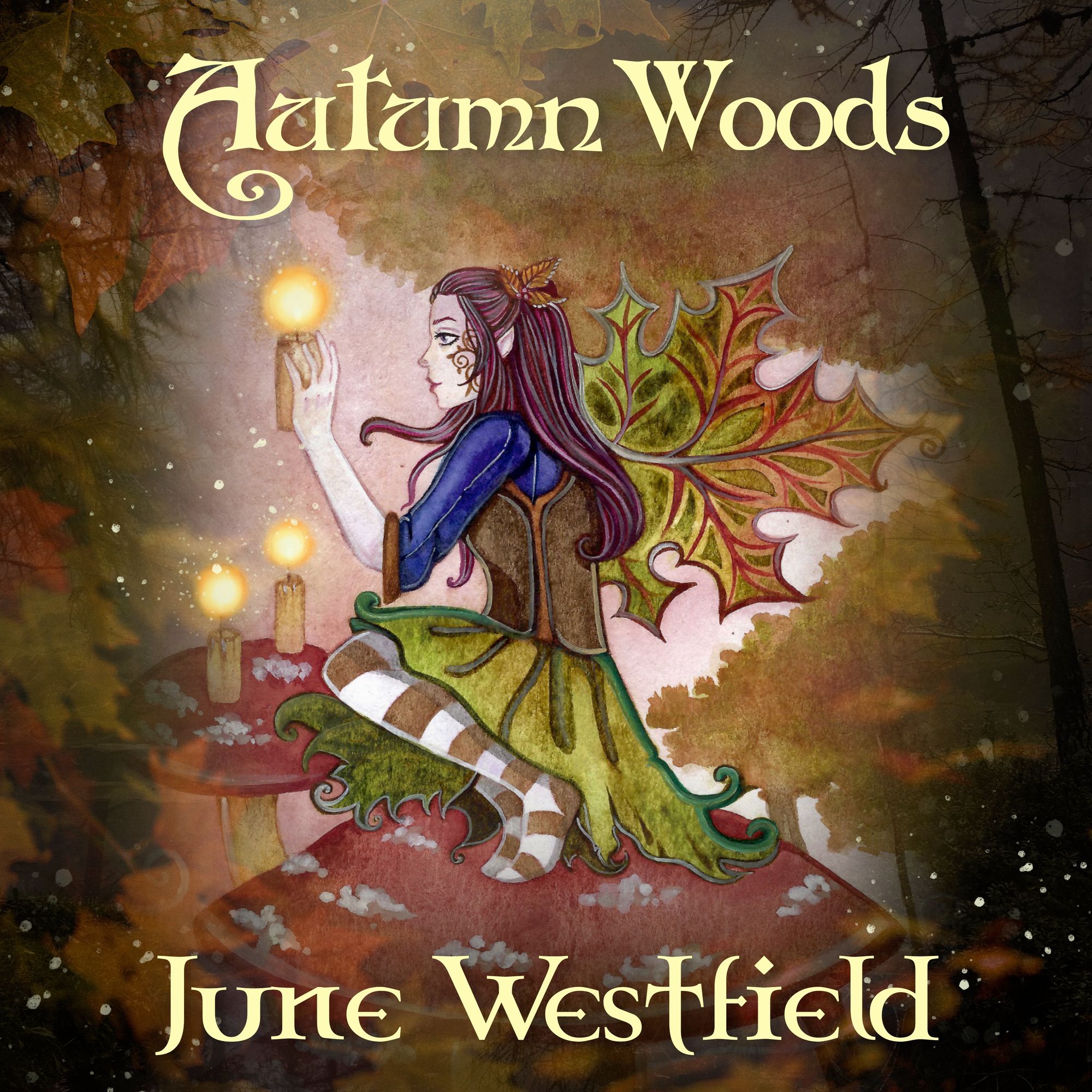 A fairy in an autumn forest sitting on a mushroom while holding a candle