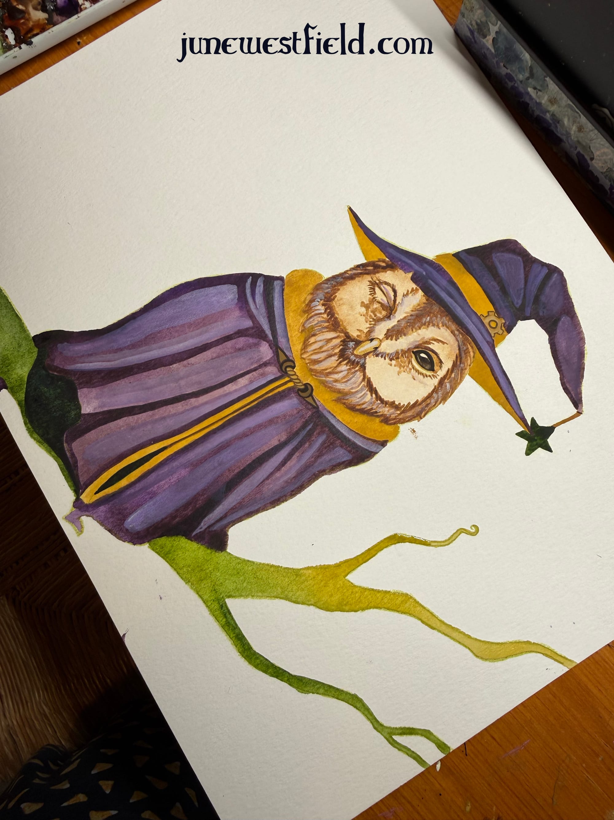 an owl painted on watercolor paper, dressed as a wizard