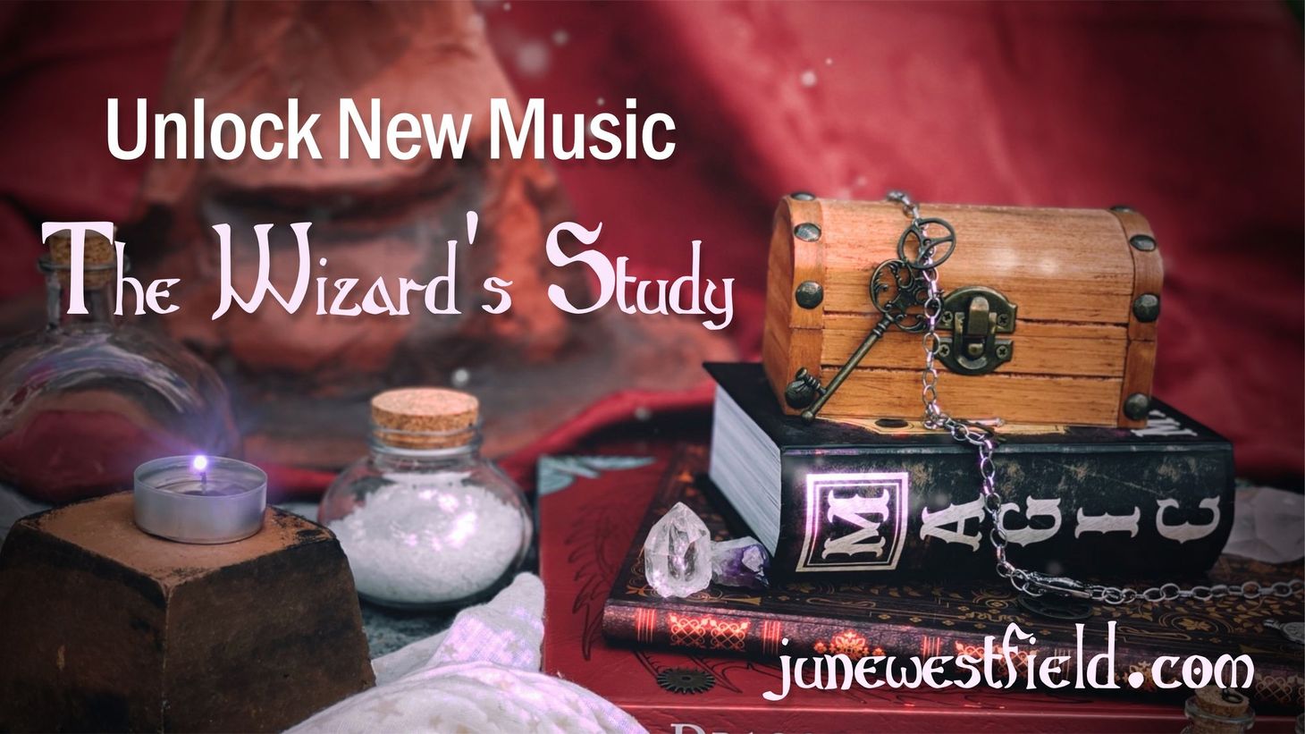 A stack of books and potion bottles lit by purple candle light.