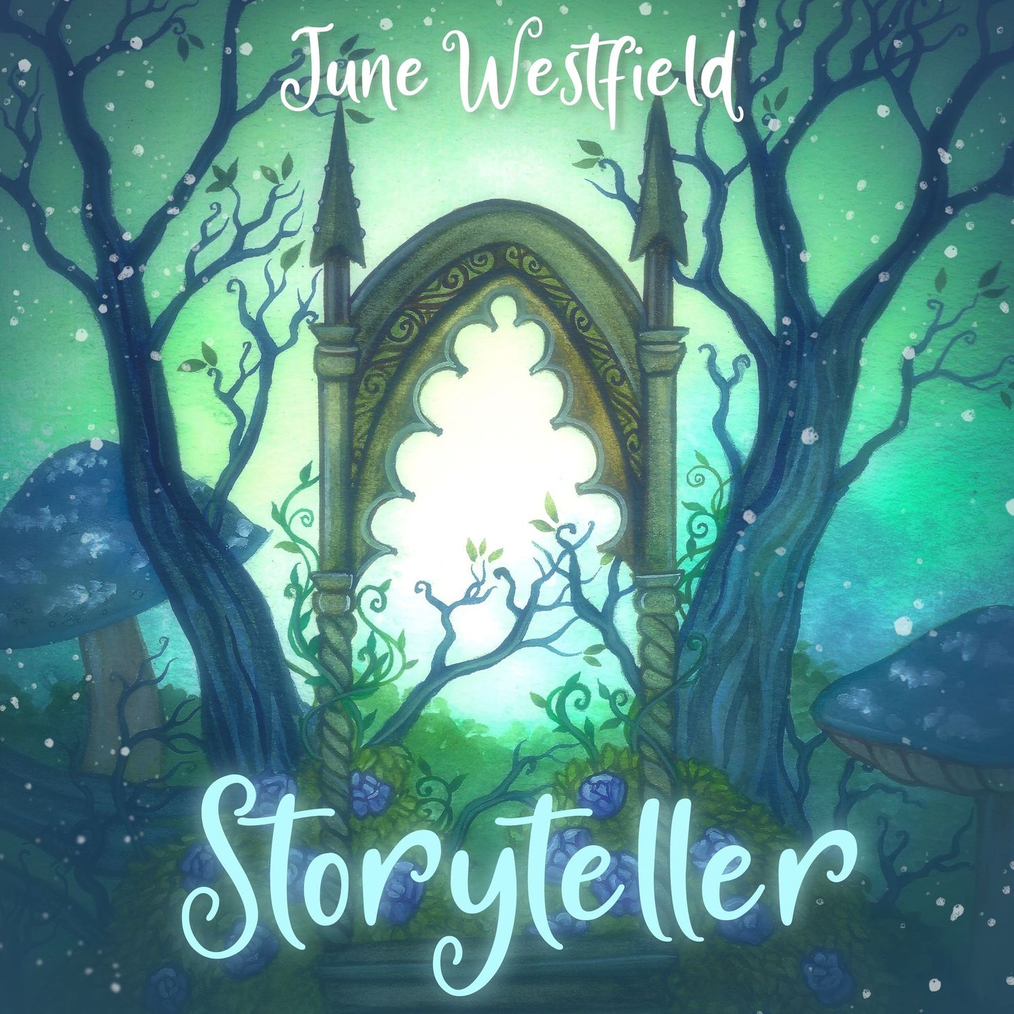 Storyteller album cover depicting a gothic arch in the midst of a magic forest, with purple roses and giant blue mushrooms