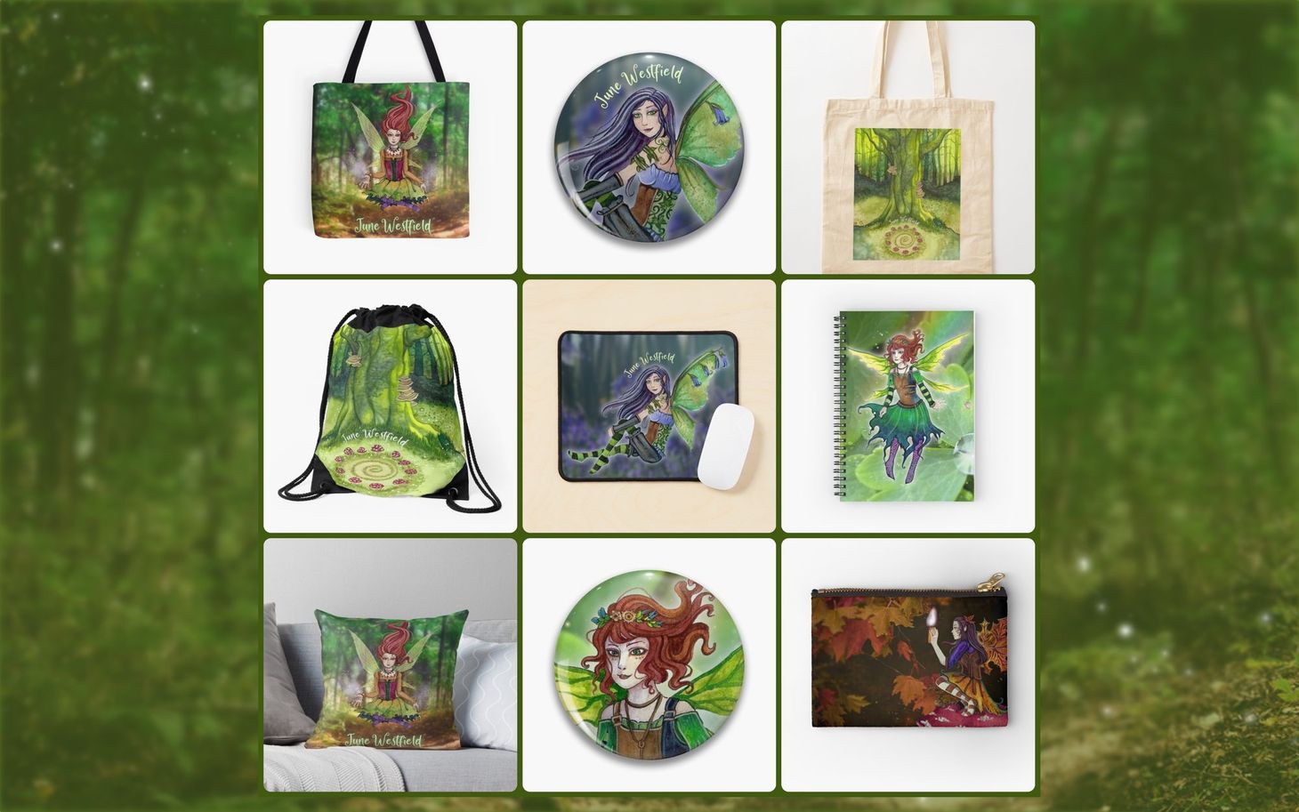 9 images, showing various bags, buttons, journals, pillow and mousepad with June's fairy art on them.