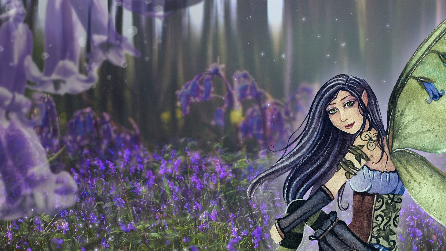 A fairy with purple hair and green wings sits in a woodland grove surrounded by spring bluebells and sparkles.