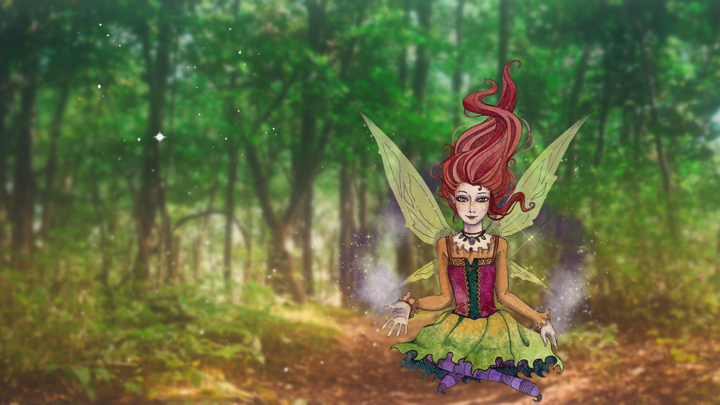 A  fairy with red hair and pixie wings sits in a green forest, surrounded by magic sparkles