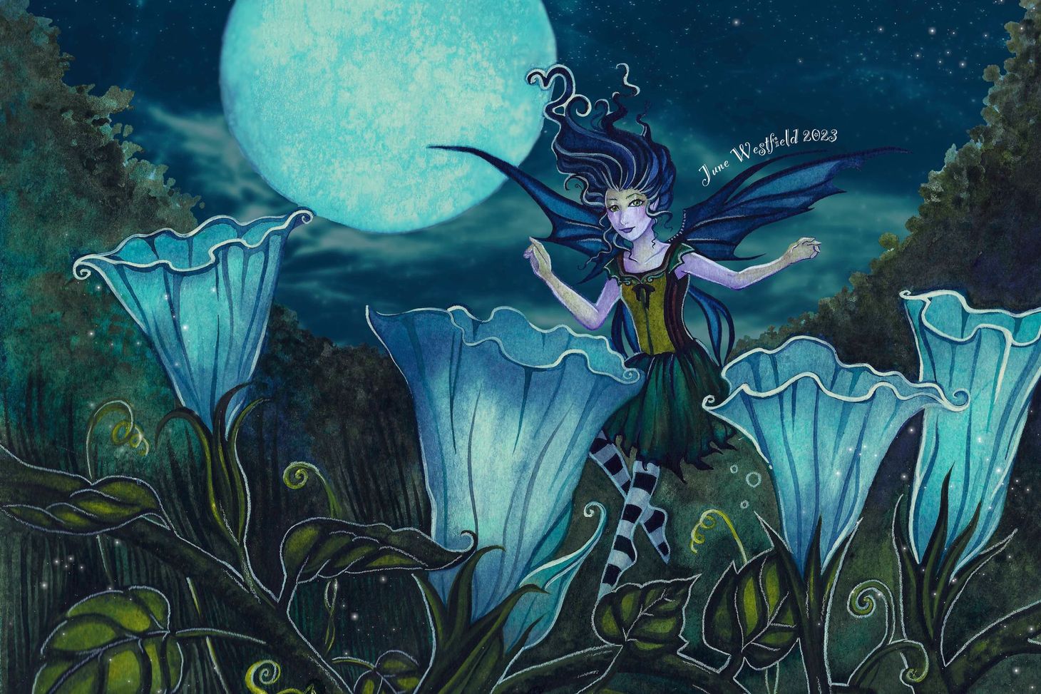 A fairy with bat-like wings floats over blue moonflowers, in a garden at night.