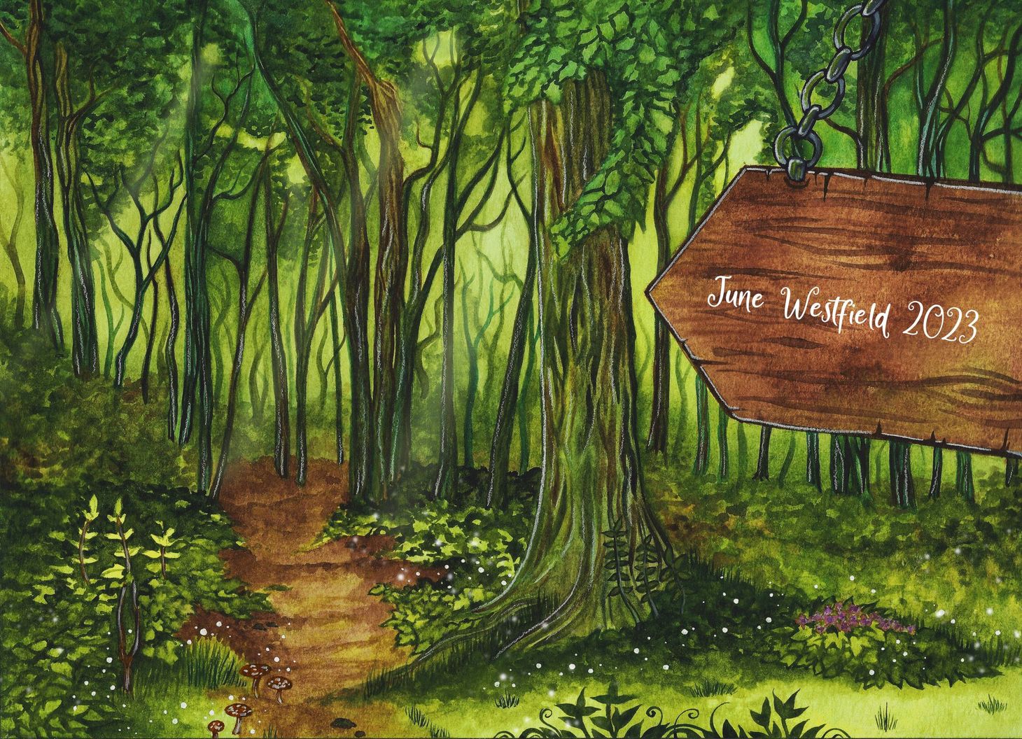 A woodland path lined by mushrooms and forest flowers. On the right a wooden sign hangs from a tree.
