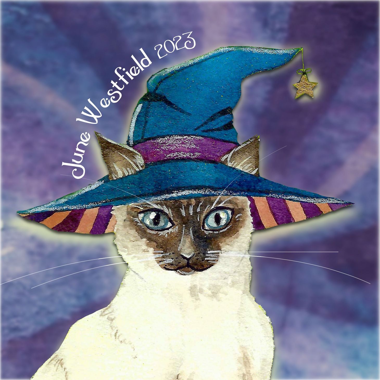 A painting of a siamese cat wearing a blue wizard hat with a star