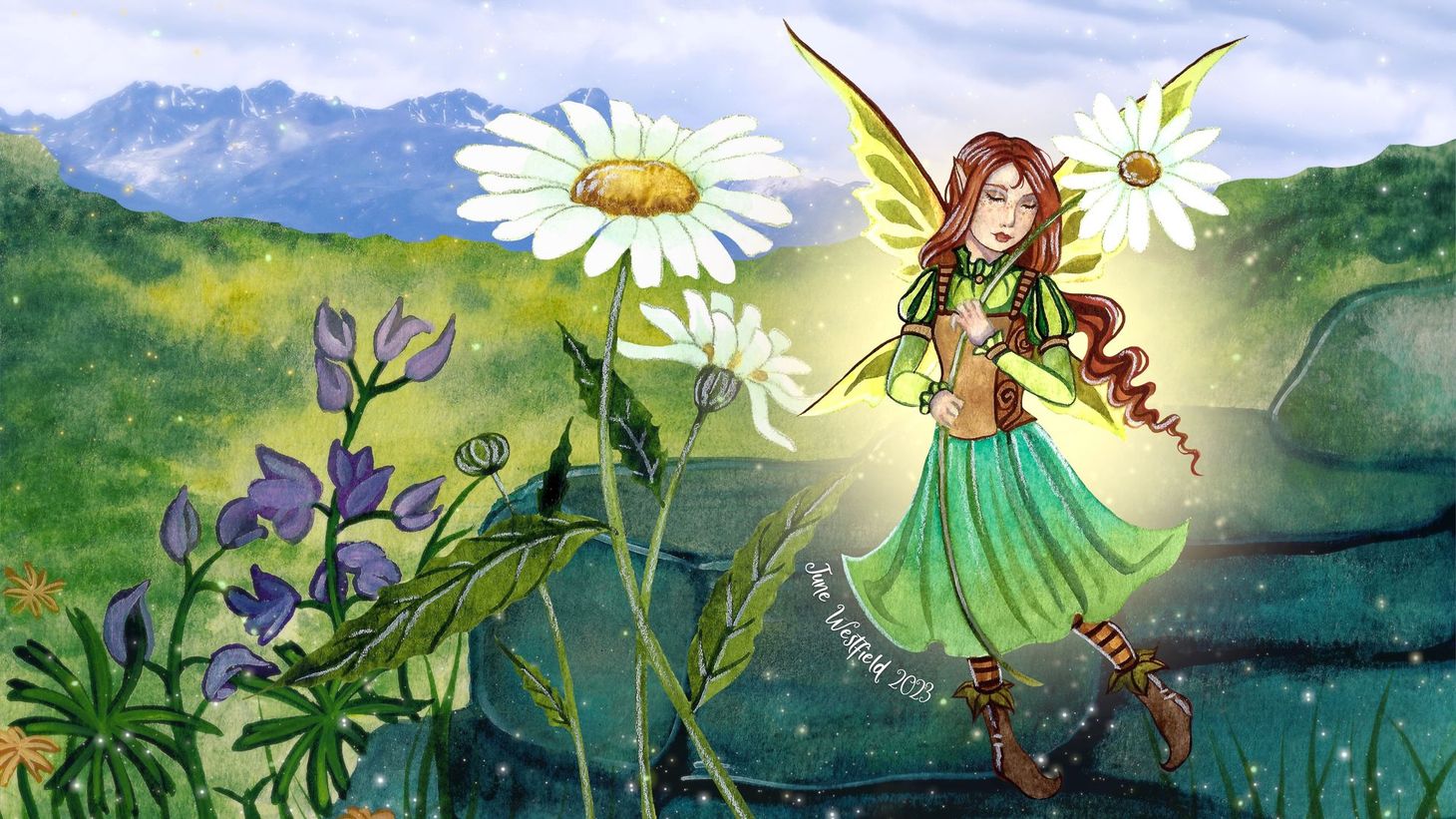 A watercolor painting of a fairy wearing green holding a daisy in a meadow of flowers