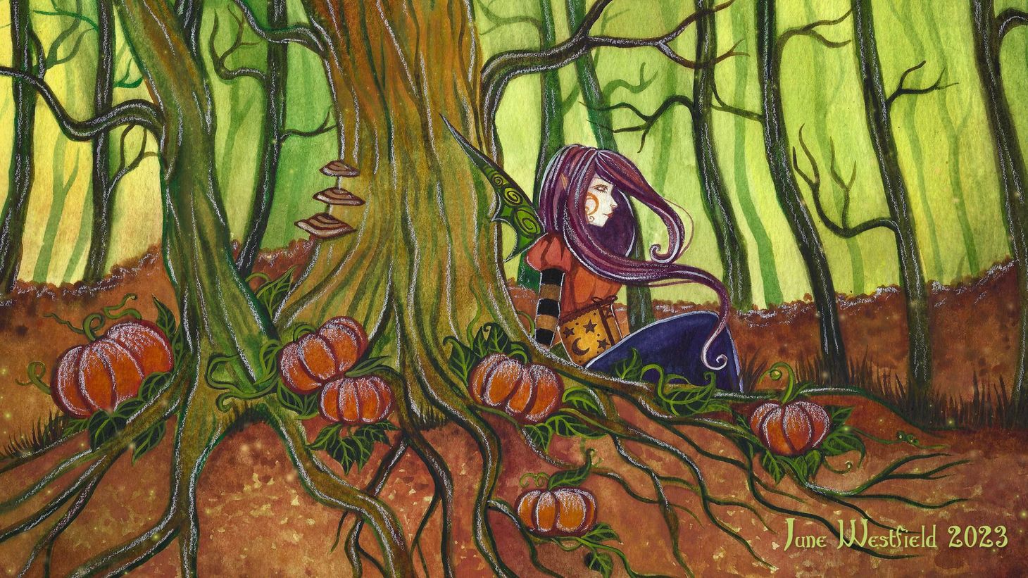 A fairy in an autumn forest, with pumpkins on the ground