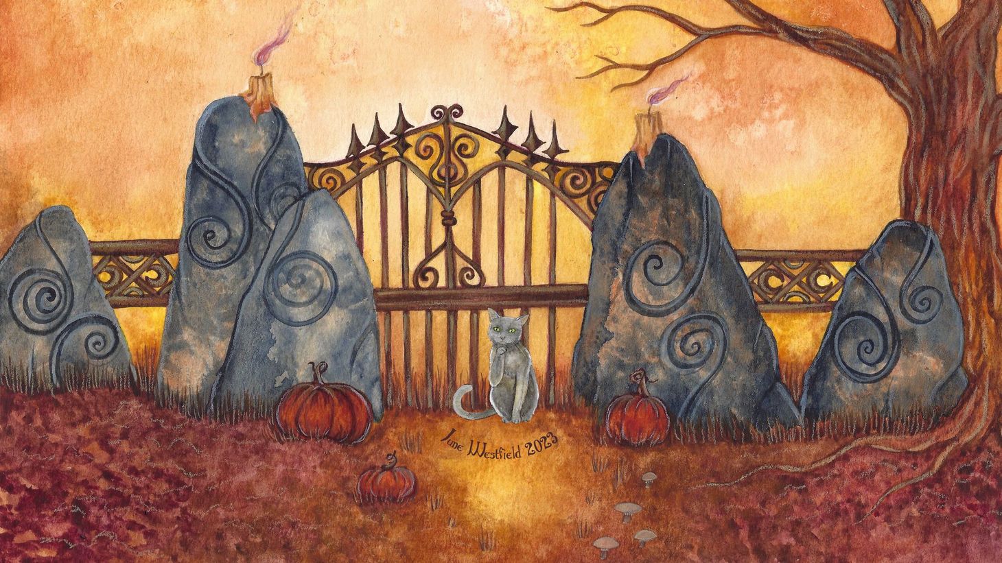 A watercolor painting of a cat standing between an iron gate placed between carved standing stones in an autumn woods. 