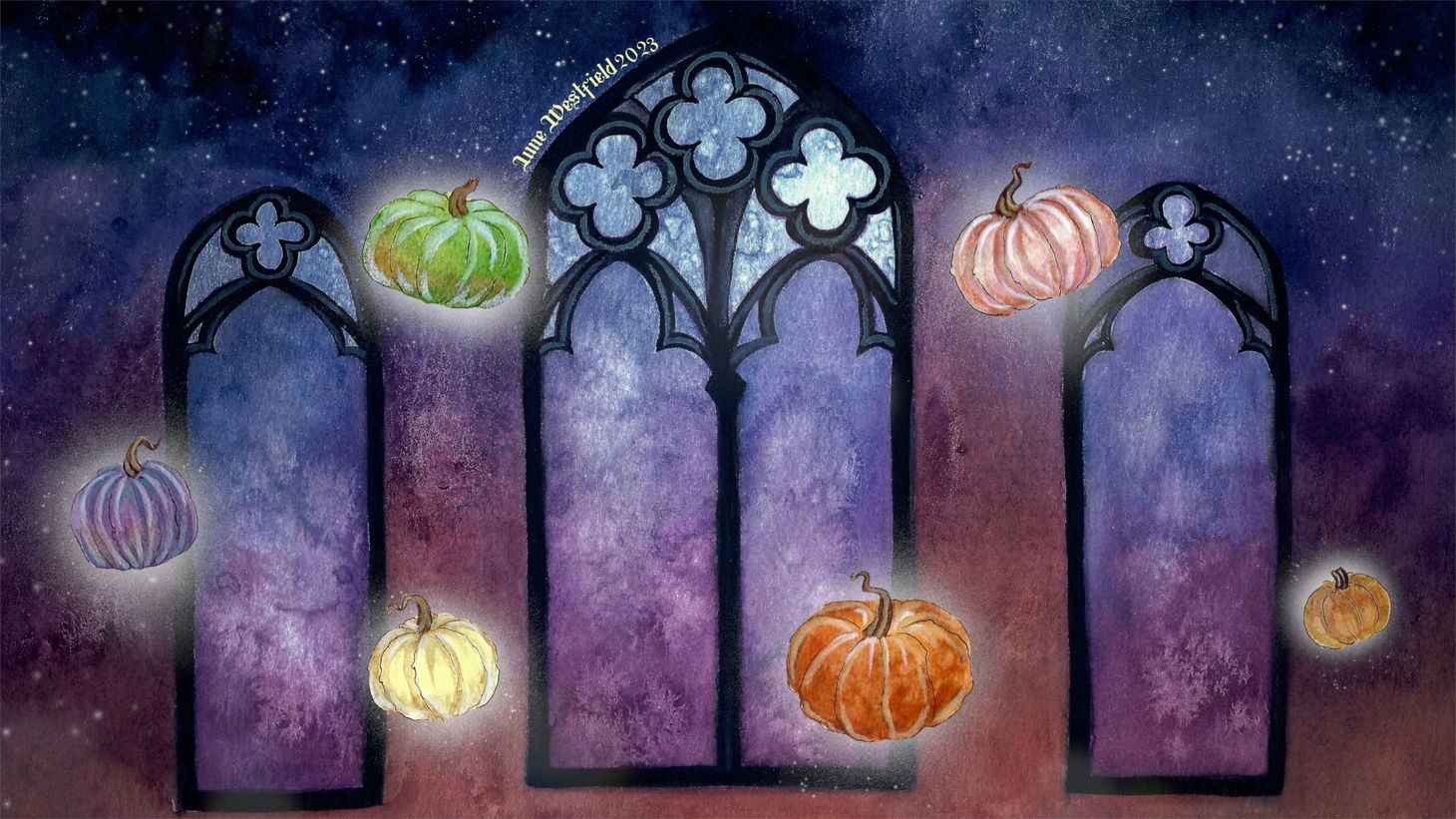 6 colorful pumpkins float around 3 gothic windows in a purple and blue colored ballroom setting