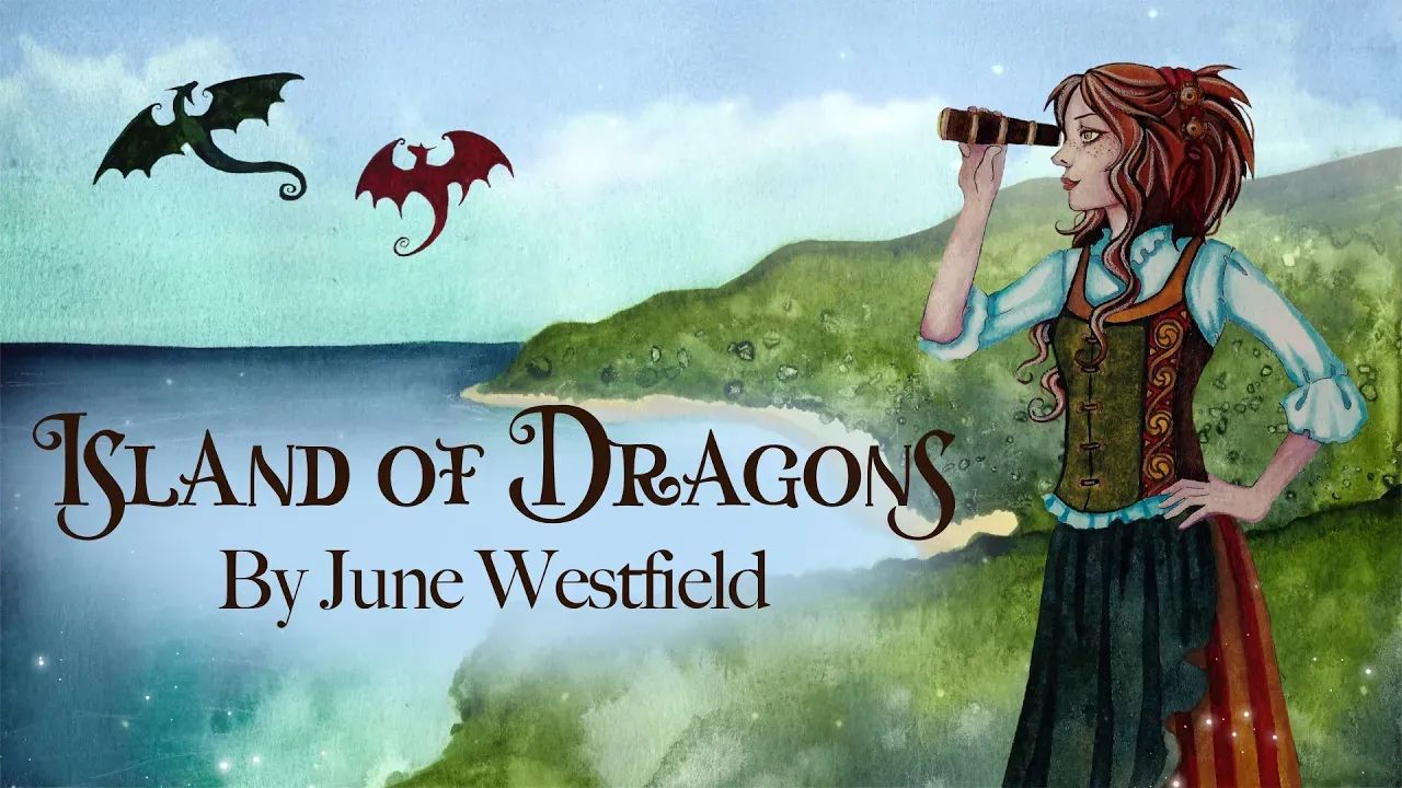 A girl with red hair stands on a green island cliff holding a spyglass, two dragons circling in the air above