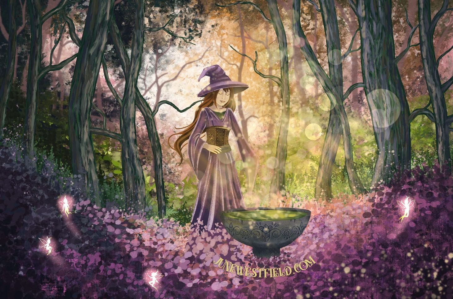 A wizard stands over a cauldron in the middle of a forest full of purple flowers, twisty tree branches, and flying pixies