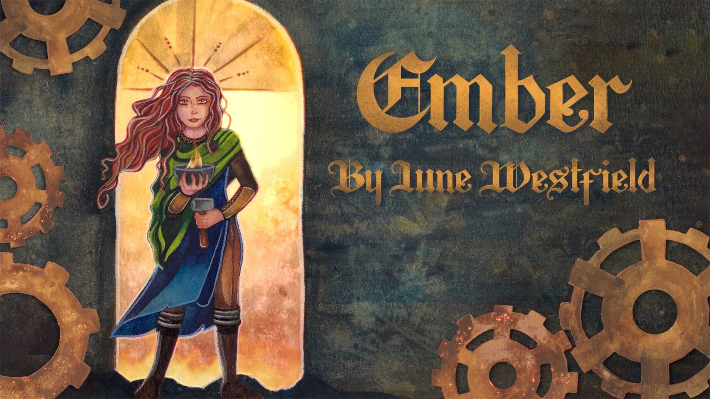 Ember video art work featuring a red haired woman in a green and blue cloak holding a bowl of fire and a smith's hammer