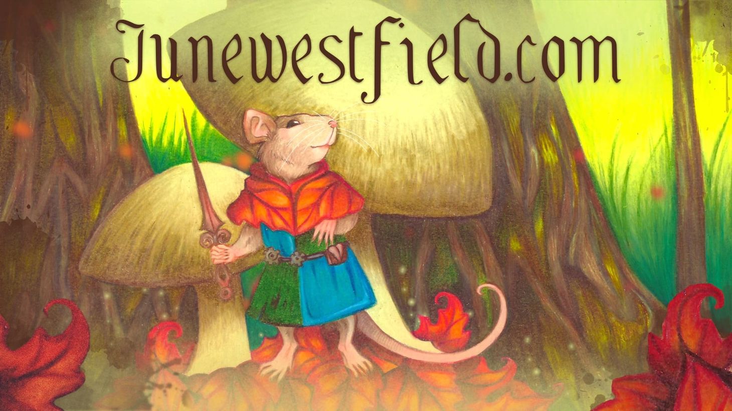 A mouse standing in an autumn wood wearing a leaf cloak and holding a clock hand as a sword