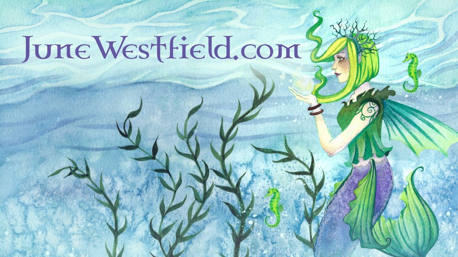 a green haired mermaid with a purple tail floats in a seaweed forest along with two green seahorses