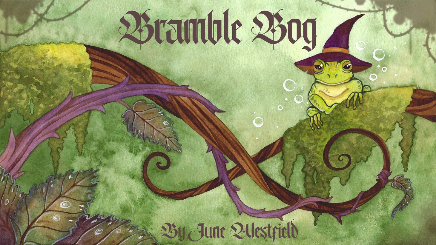 A tree frog in a purple wizard hat sitting atop mossy, twisting vines in a lush swamp scene