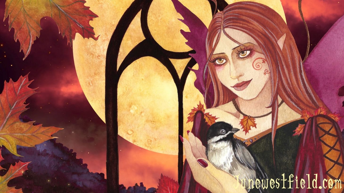 An autumn fairy stands in front of a gothic arch through which you can see a moon. She is holding a Chickadee bird.