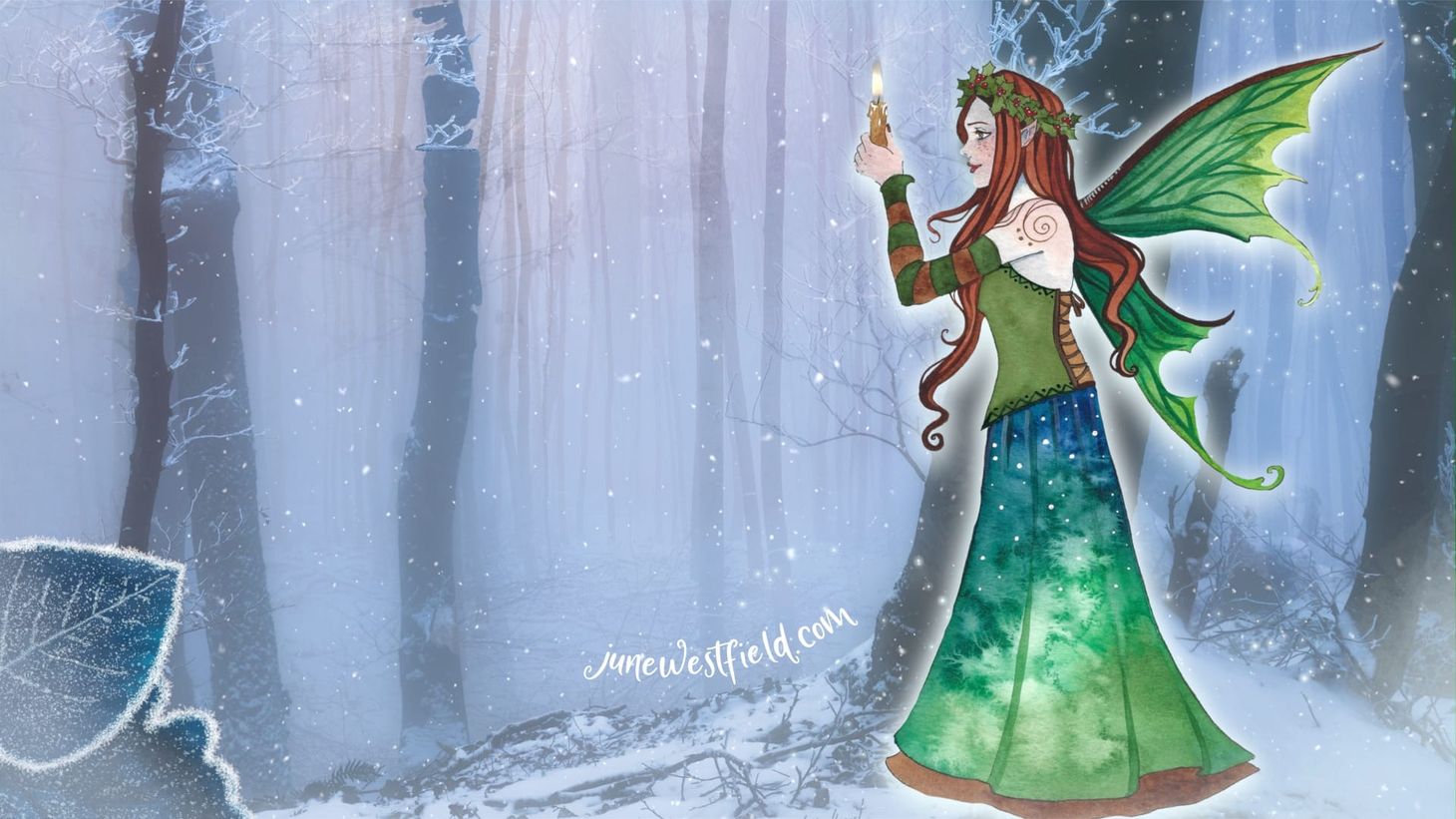 A fairy holding a candle stands in a winter woodland