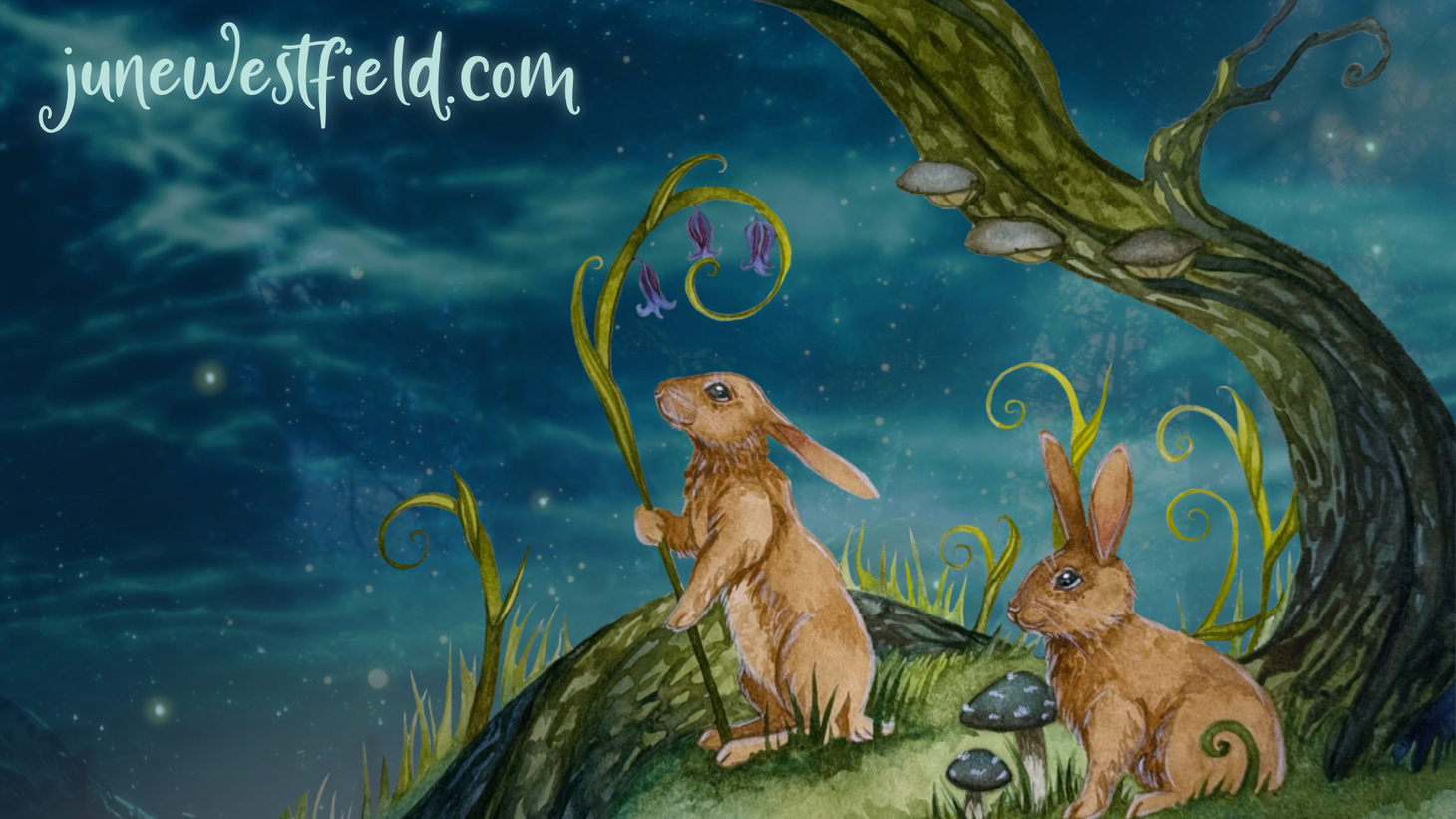 Two rabbits stand by gnarled tree roots, under a night sky full of stars and fireflies.