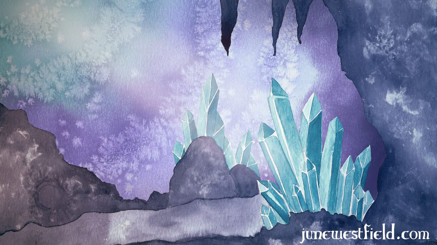 a watercolor painting of a dark crystal cave