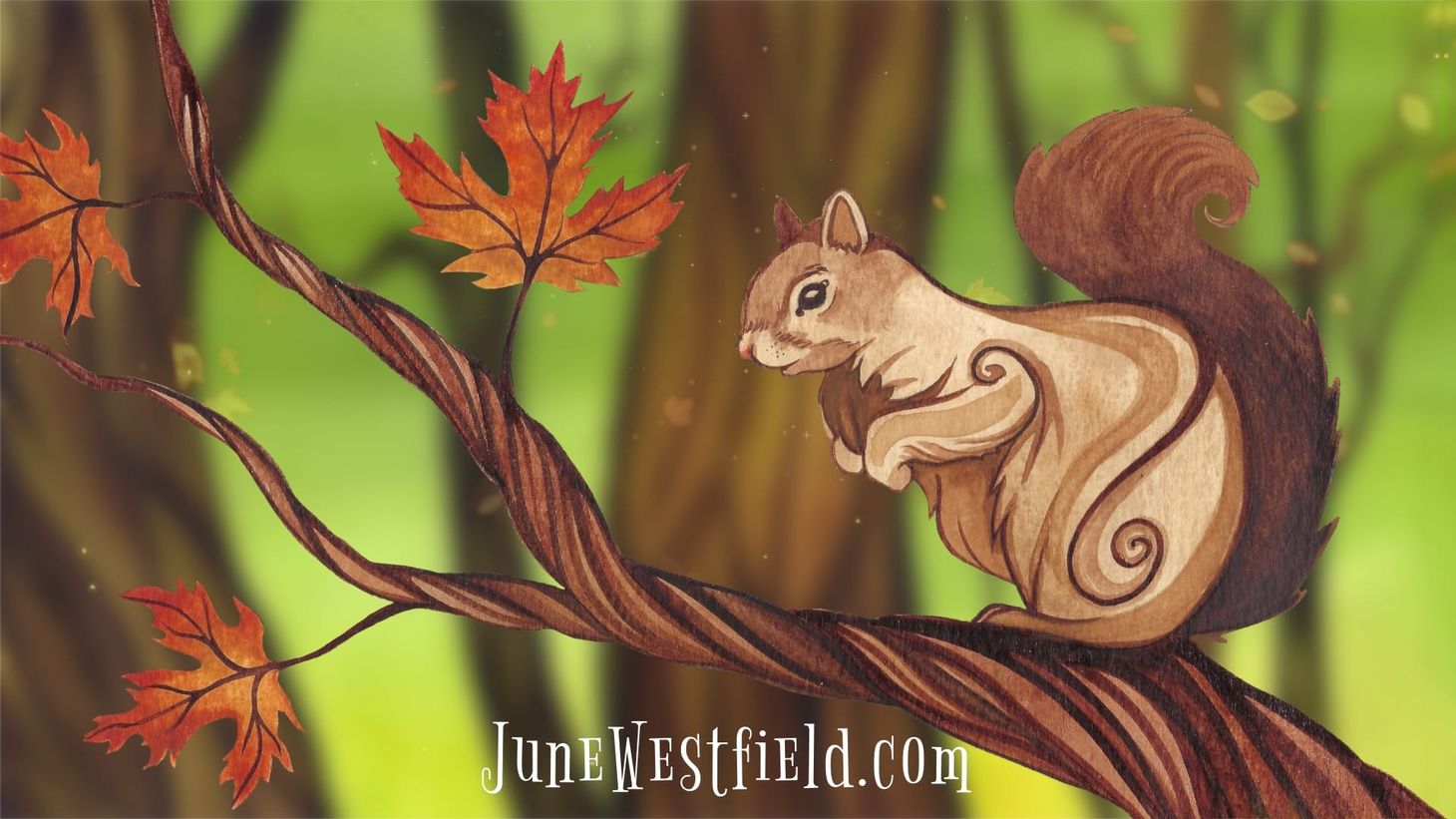A watercolor painting of a squirrel on a maple tree branch