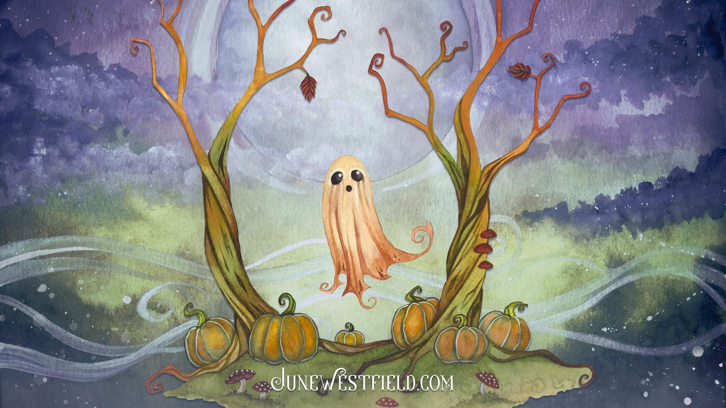 A cute ghost floats between twisted trees. It's surrounded by pumpkins and mushrooms.
