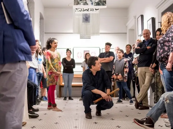 Kojiro Umezaki works with Lame Deer High School students at the Stapleton Gallery in Billings in 2019 during one of many visi
