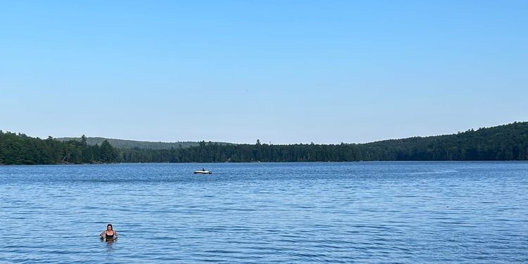 Picture of sunny pond with person in foreground, boat in background, blue sky
