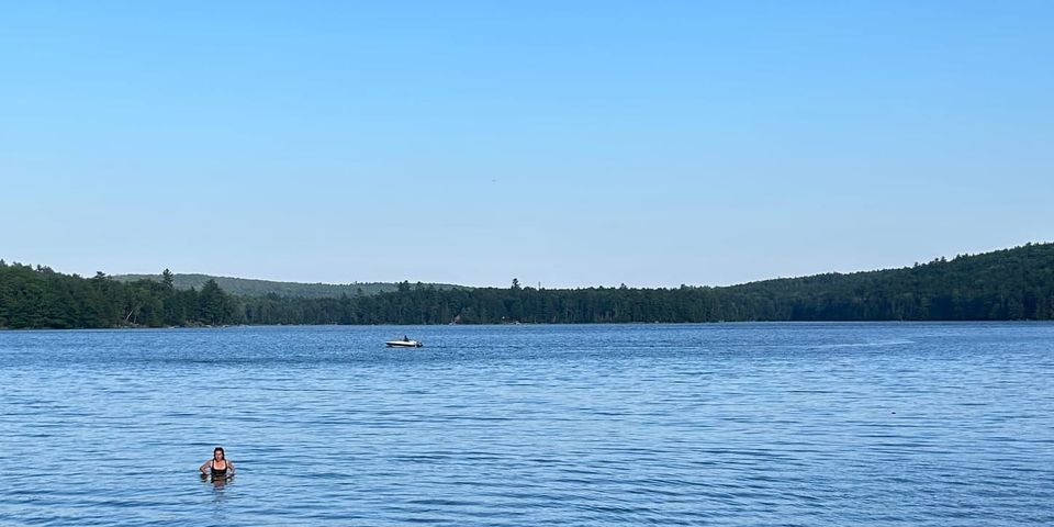 Picture of sunny pond with person in foreground, boat in background, blue sky