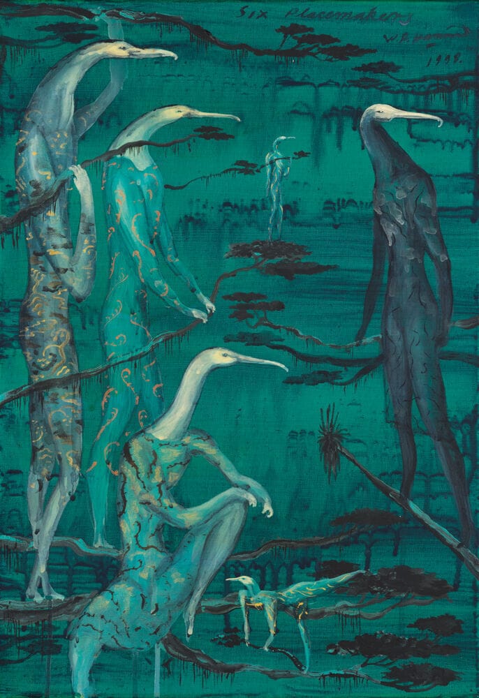 a painting of fantastical birdlike creatures wearing dresses, painted in blues and greens