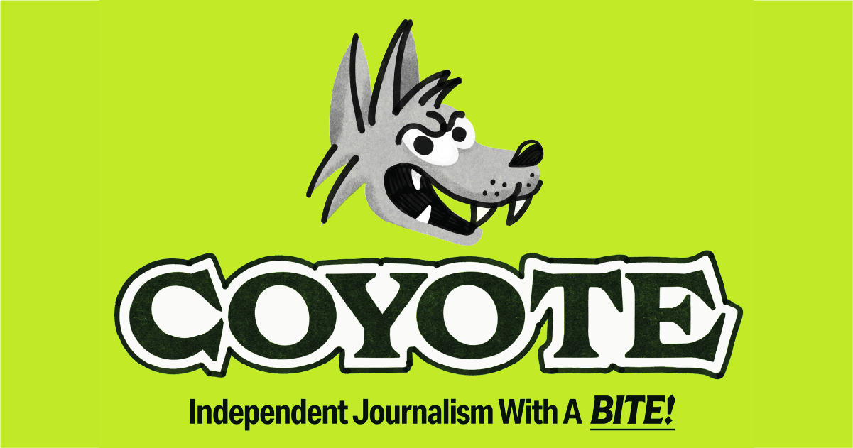 A bright green background, with a grey cartoon coyote head on it, and text that says "COYOTE Independent Journalism with a BITE!"