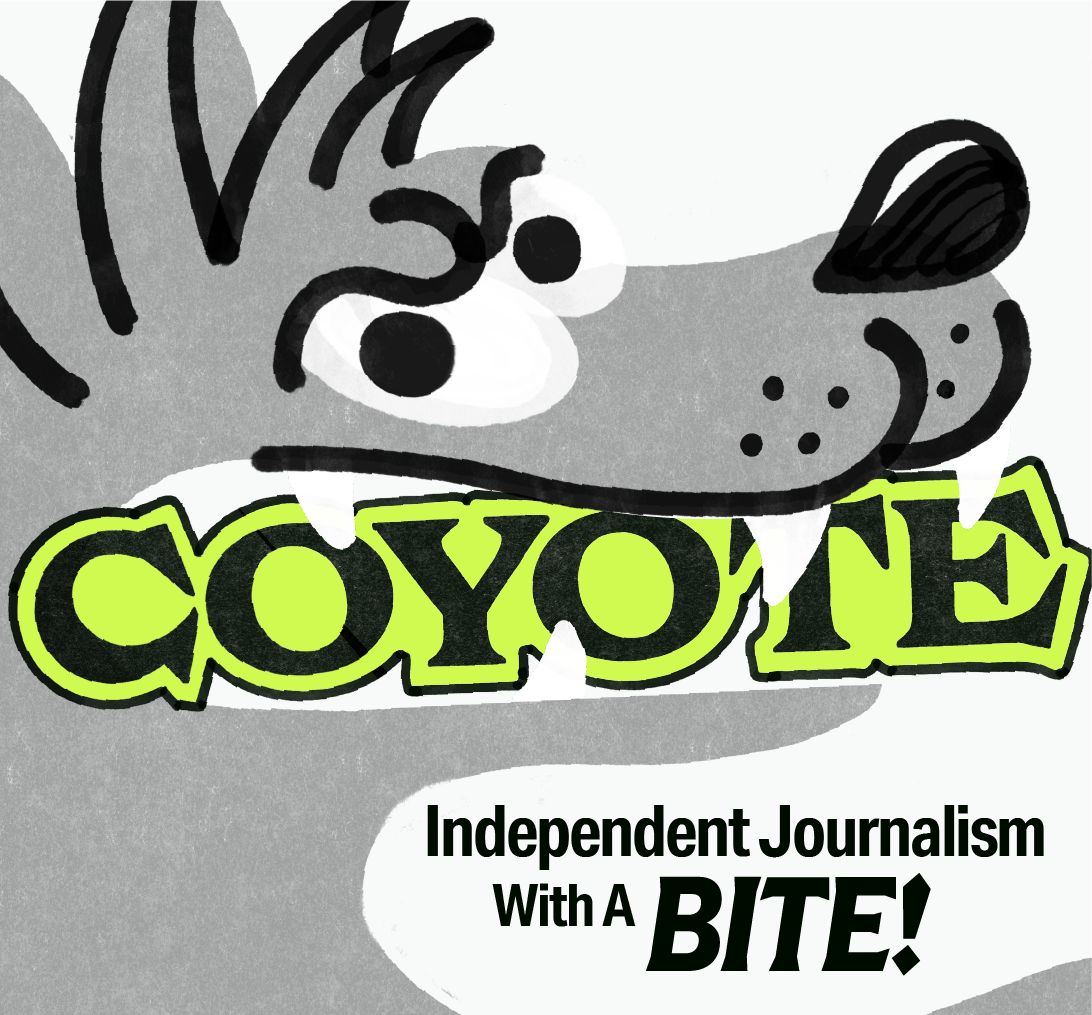 A cartoon coyote biting the word COYOTE and underneath it says "Independent Journalism with a BITE!"