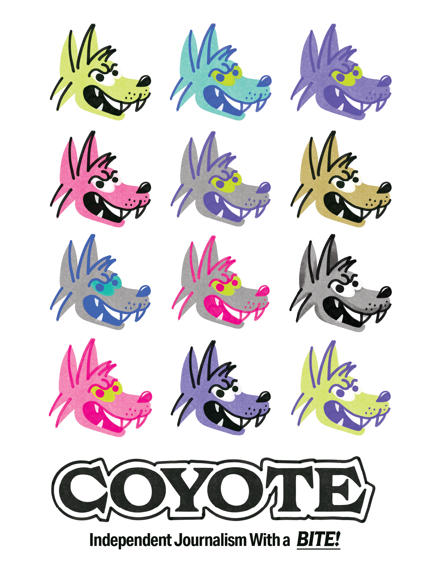 a grid of cartoon coyotes, each of a different color and at the bottom it says "COYOTE Independent Journalism With A BITE!"