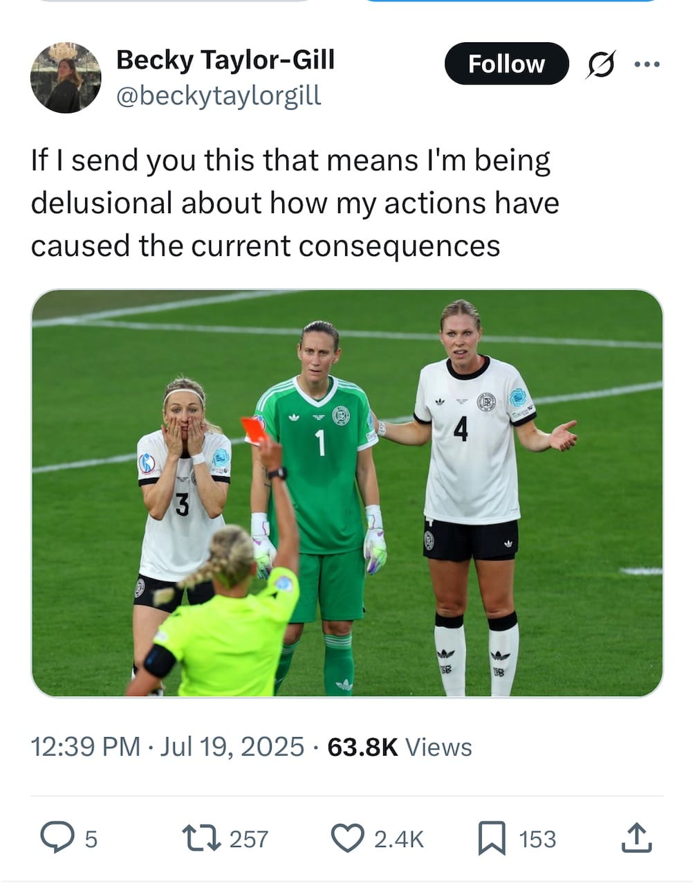 A screenshot of a Bluesky post that says "If I send you this that means I'm being delusional about how my actions have caused the current consequences" above a photograph of a soccer referee showing a red card. Three German soccer players are looking at the ref with various shocked faces. 