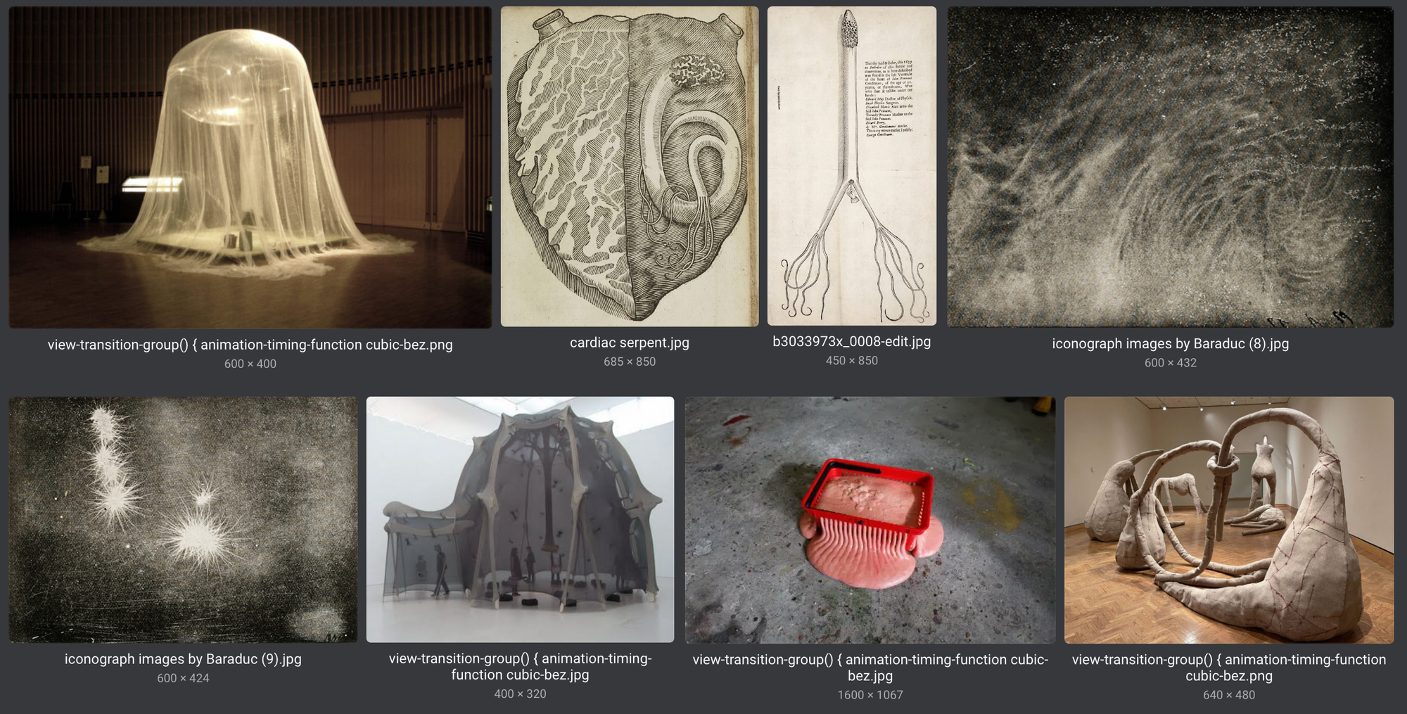 A screenshot showing eight images, including some drawings, sculptures, and lithographs. The overall vibe is kind of dark, spooky, ghostly.