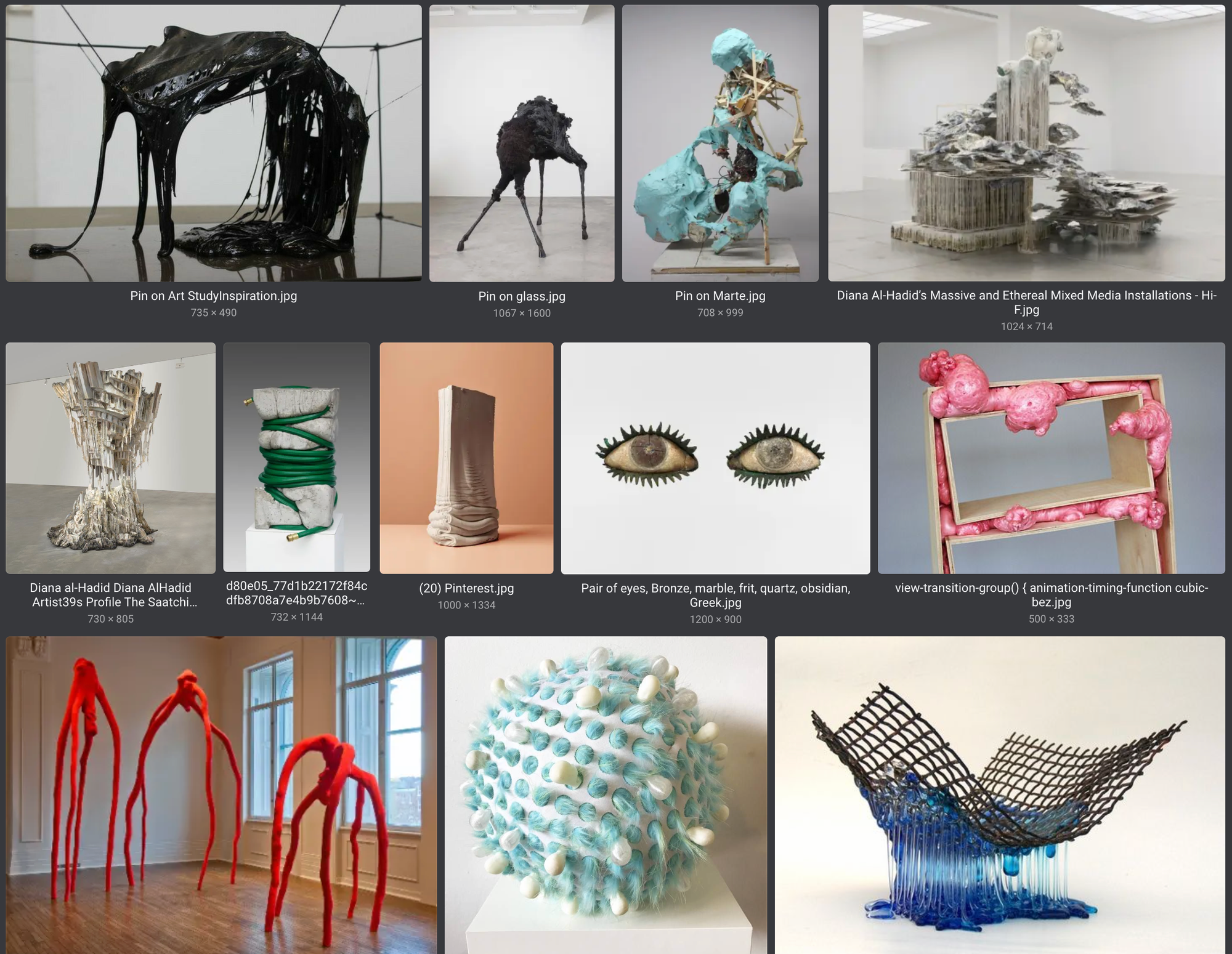 A screenshot showing twelve images of sculptures, which are all kinds of styles but all feature some kind of extrusion or slime or weird dripping.