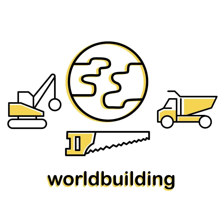 A podcast logo made of little icons of a crane, a saw, a truck and a globe with the word "worldbuilding" below it