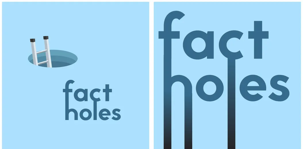 two podcast logos, with blue backgrounds, that each say "fact holes"