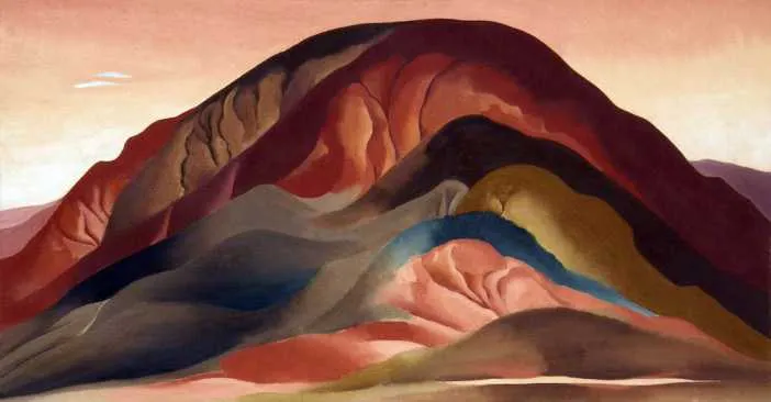 An abstract painting of a set of hills that are red and blue and pink
